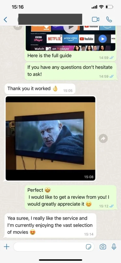 Conversación de soporte IPTV Fiesta por WhatsApp 1